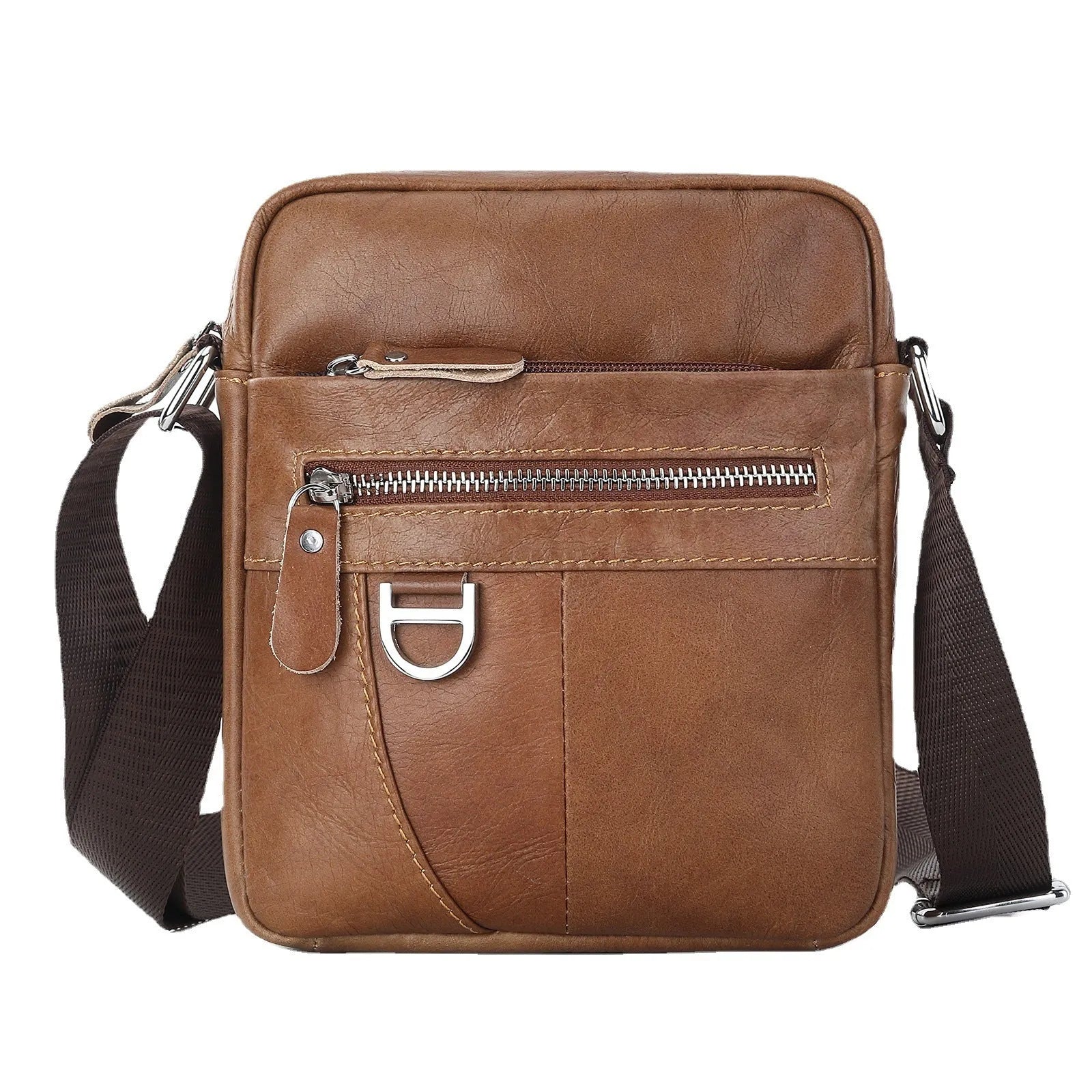 Black retro genuine leather shoulder messenger bag for boys with sewing line detailing