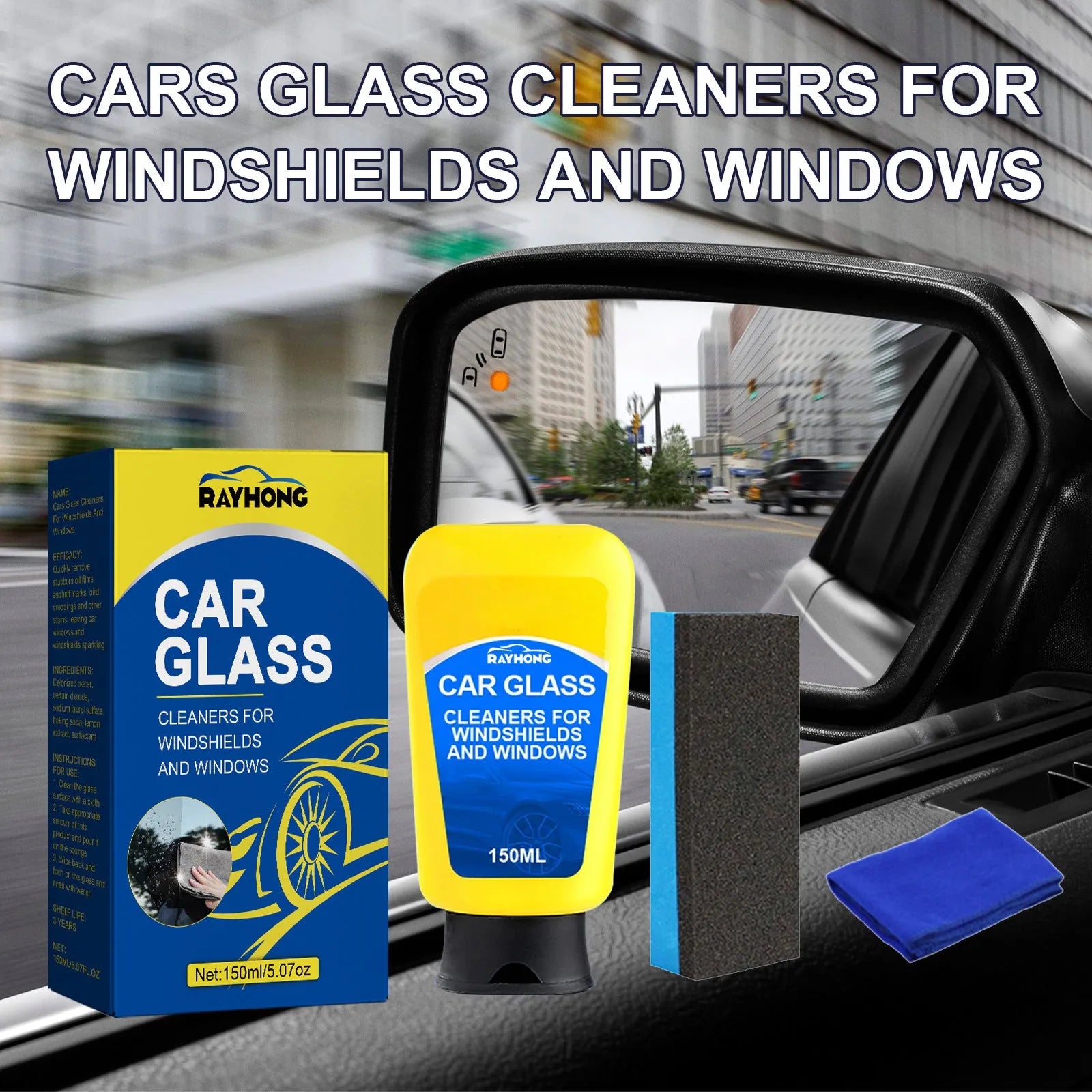 Car windscreen detergent defogging kit showing 150ml bottle, sponge, and microfibre cloth for automotive glass cleaning