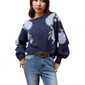 Women's loose casual flower jacquard pullover in sapphire blue with plant pattern