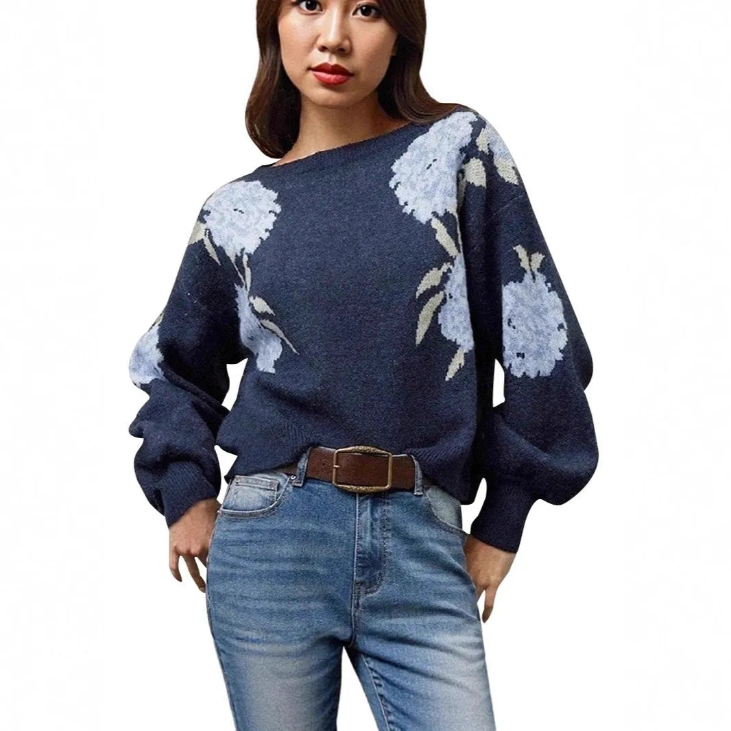Women's loose casual flower jacquard pullover in sapphire blue with plant pattern