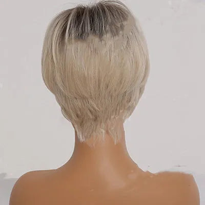 Short straight synthetic wig with ombre blonde colour, brown to gold gradient, 8-inch length and bangs on mannequin head