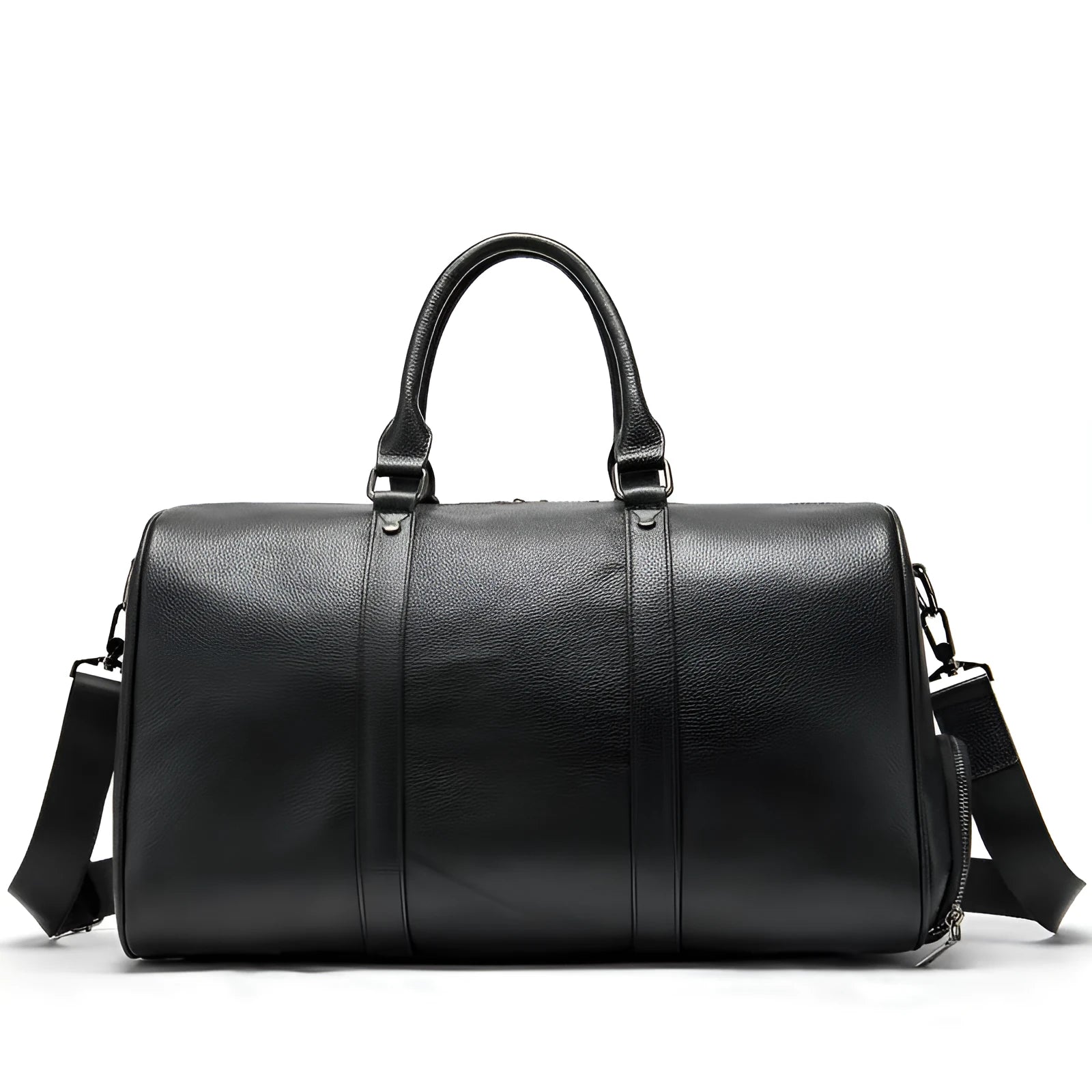 Men's black leather excursion bag with single shoulder strap showing 44cm length measurement