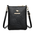 Square black rose pattern PU shoulder messenger bag with file organiser interior and shoulder strap.