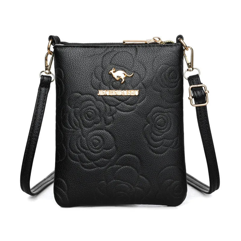 Square black rose pattern PU shoulder messenger bag with file organiser interior and shoulder strap.