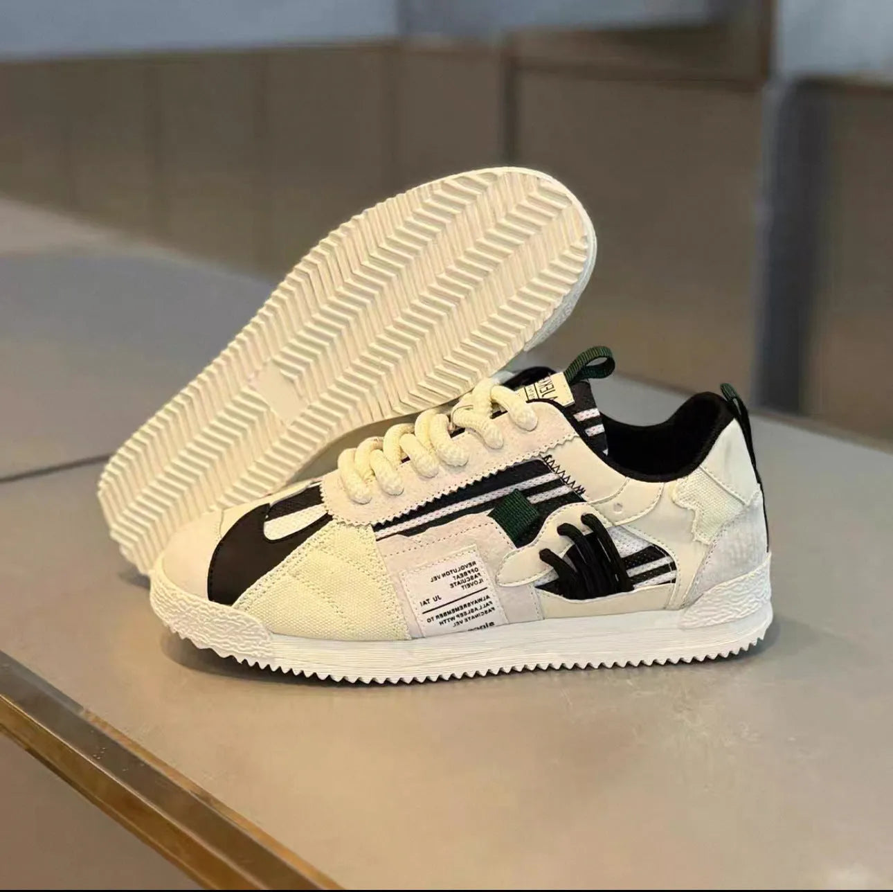 Casual shoes with mesh upper and fabric leather stitching in bean green colour