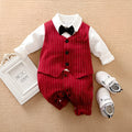 Wine red cotton baby boy romper suit with long sleeves for autumn.