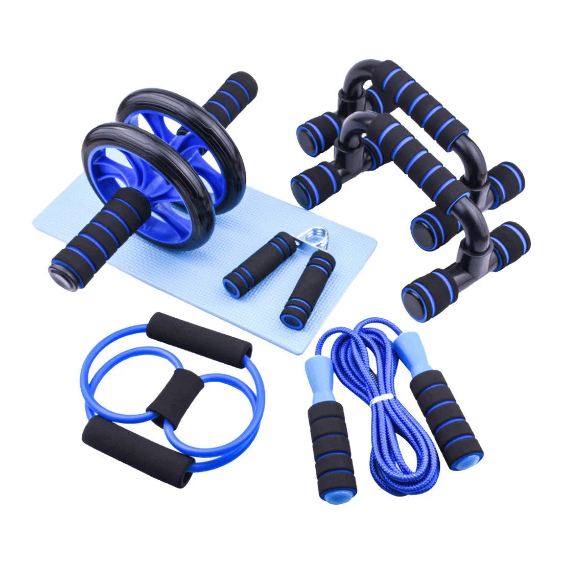Plastic abdominal wheel set with kneeler mat bracket handle and skipping rope in glossy black