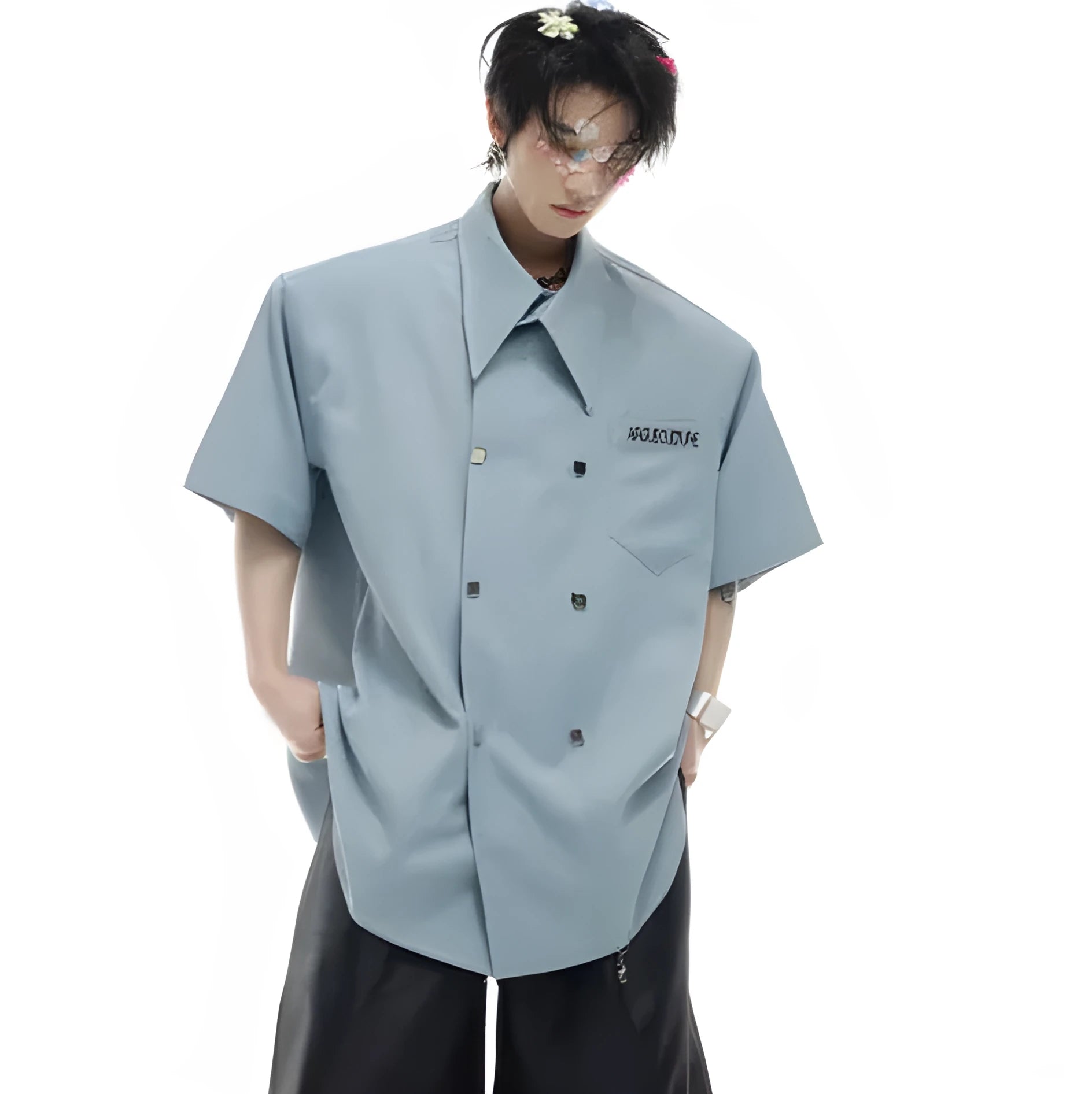 Men's loose fit casual short-sleeved shirt in white with lapel collar and decorative details