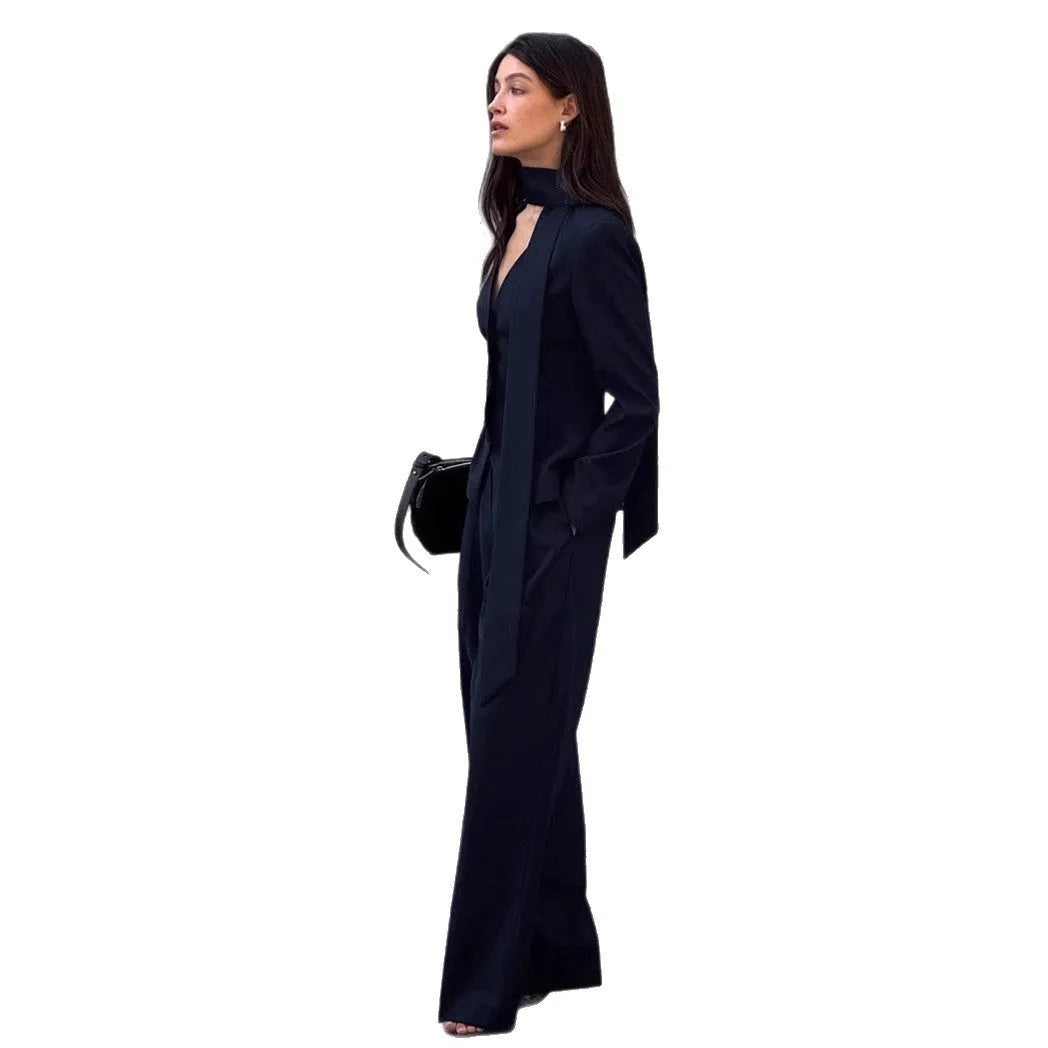 Navy blue women's halter suit set with top and trousers, solid colour polyester fabric, commuter wear