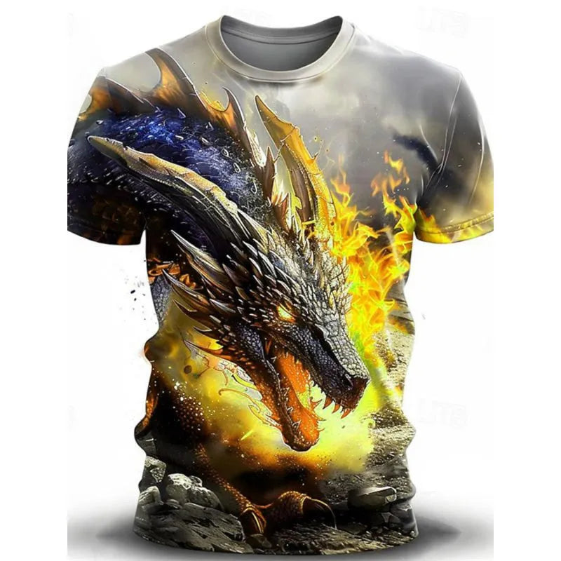 Men's grey T-shirt with a detailed 3D blue wind dragon print on the front.