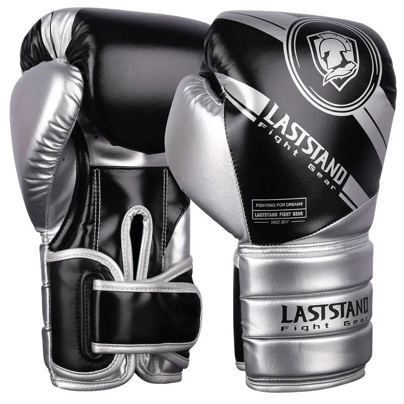 Professional vertical style PU boxing gloves for Sanda training, shown in multiple colour and weight options.