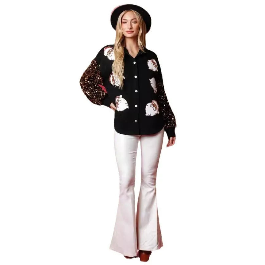 Women's black long-sleeved button fleece shirt with Santa Claus pattern and sequined sleeves on both sleeves