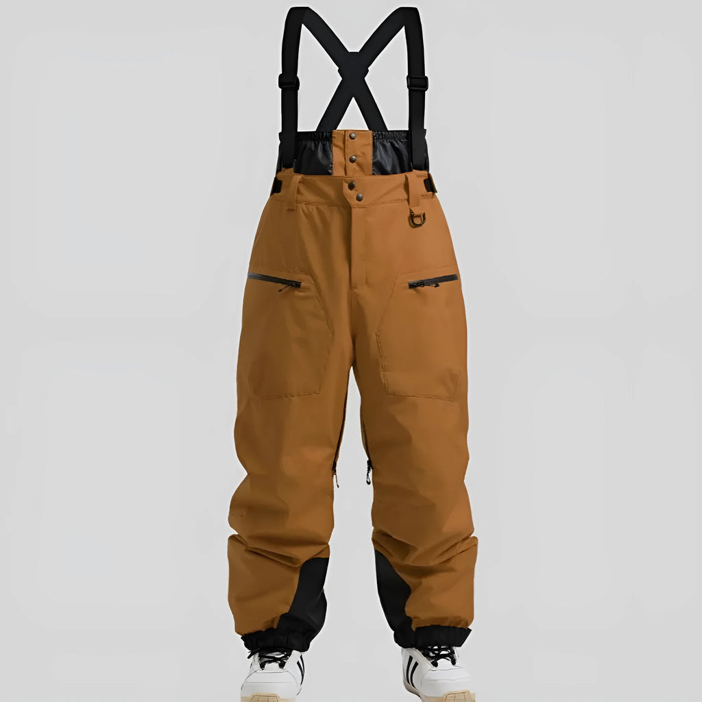 Men's black flame retardant linen ski pants with adjustable waist strap.