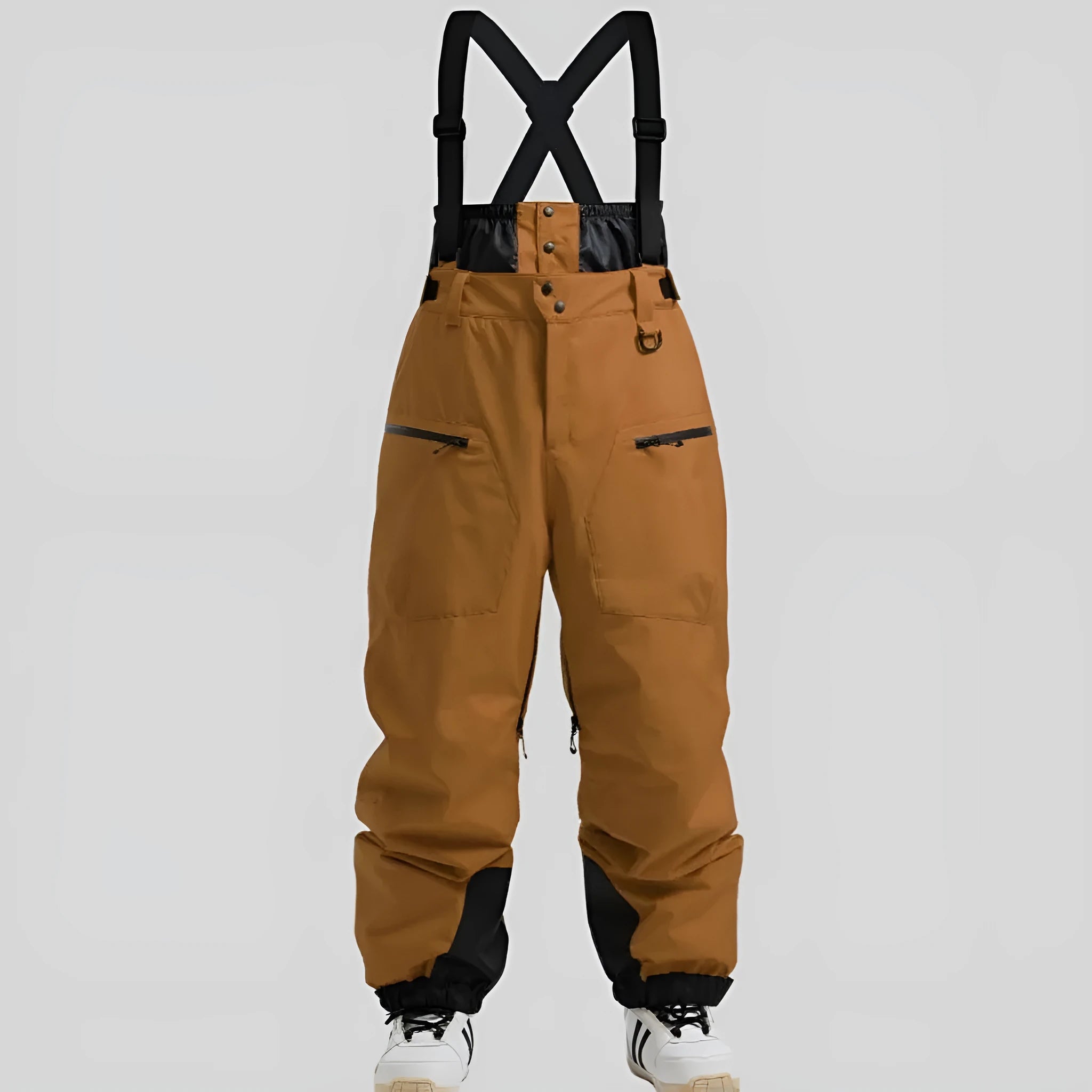 Men's black flame retardant linen ski pants with adjustable waist strap.