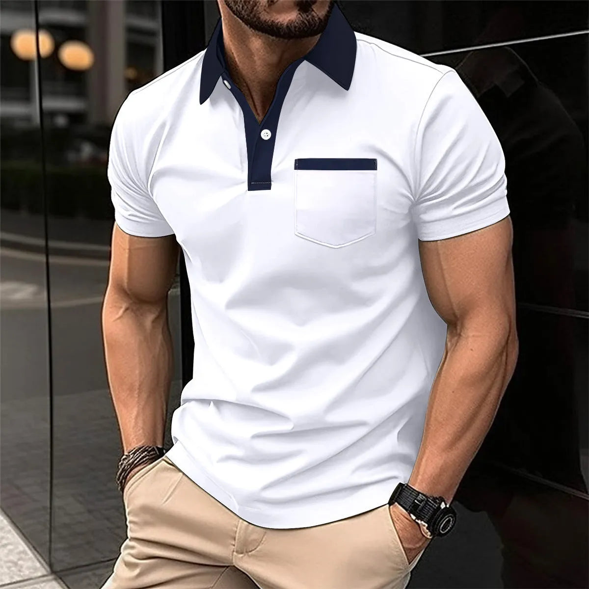 Men's lapel fashion slim pocket short-sleeved polo shirt in grey, cotton blend, loose fit