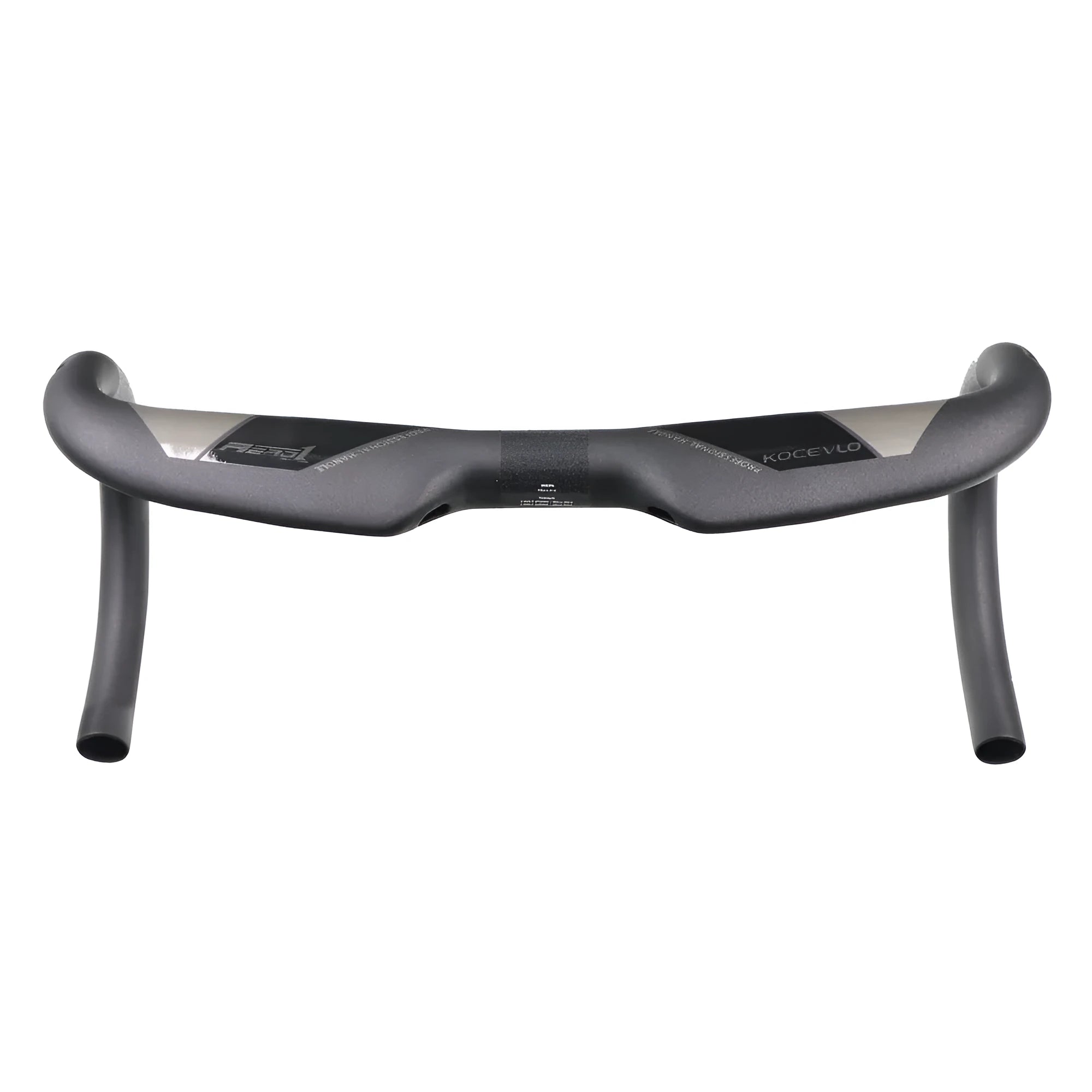 Matt black carbon fibre road bicycle handlebar shown from above, with bent drops.