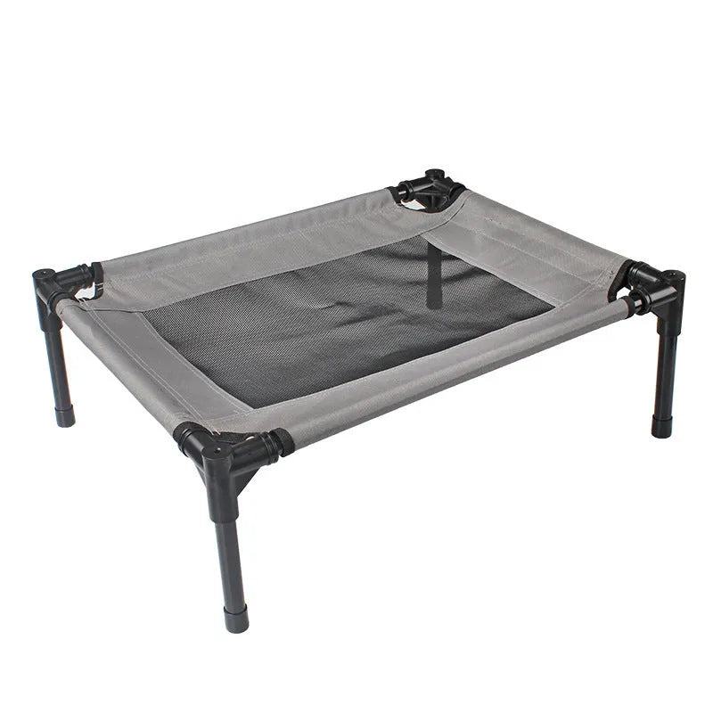 Black oxford cloth outdoor dog bed with steel frame measuring 55cm wide for camping and travel