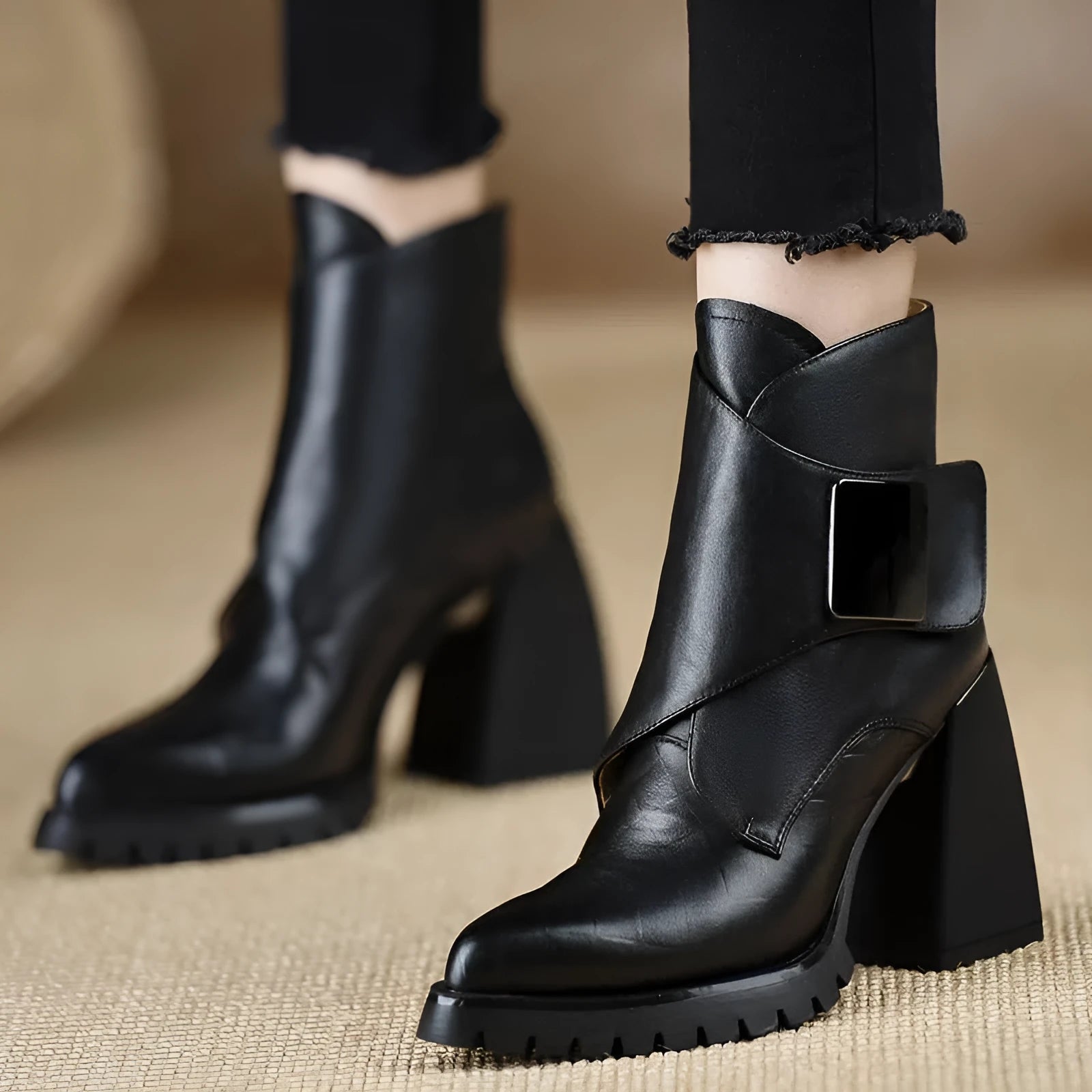 Retro chunky heel ankle boots for women with velvet lining, waterproof platform, and pointed toe in brown colour option