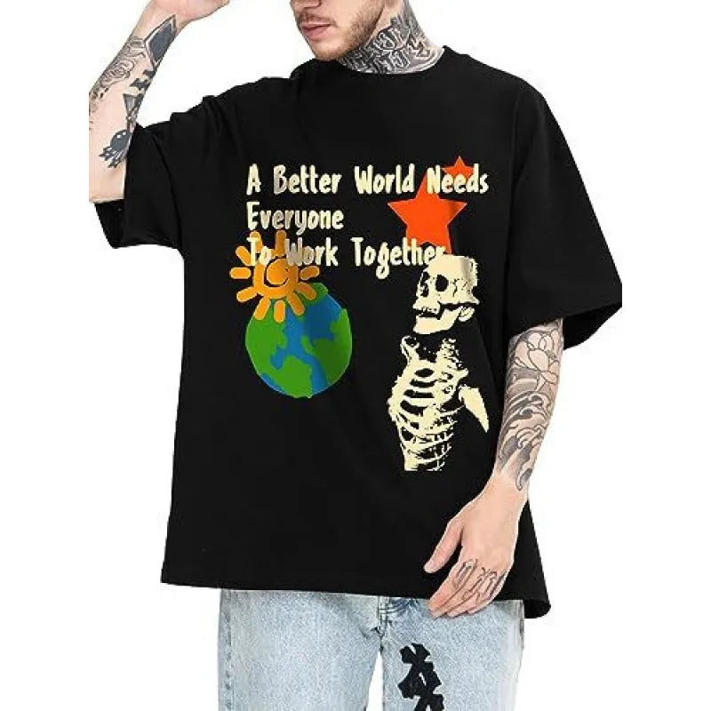 Men's printed short-sleeved sports T-shirt with digital pattern on polyester fabric, showing pullover design and casual streetwear styling