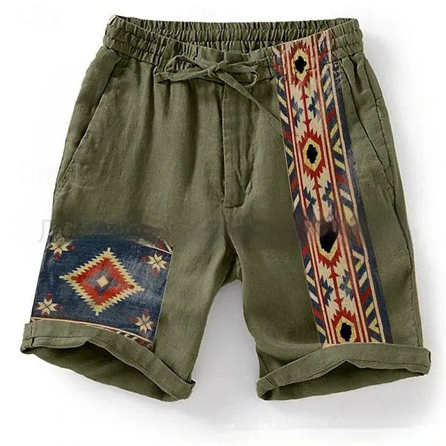 Men's blue digital print casual shorts with colour block pattern and lace-up waist closure