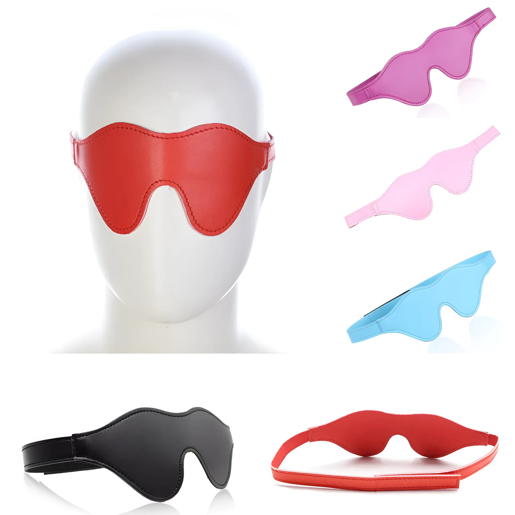Women's black PU leather three-dimensional eye mask with Velcro strap and metal buckle closure.
