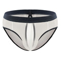 Men's mesh back rubber band triangle shorts in black nylon, front view showing elastic waist and triangle cut