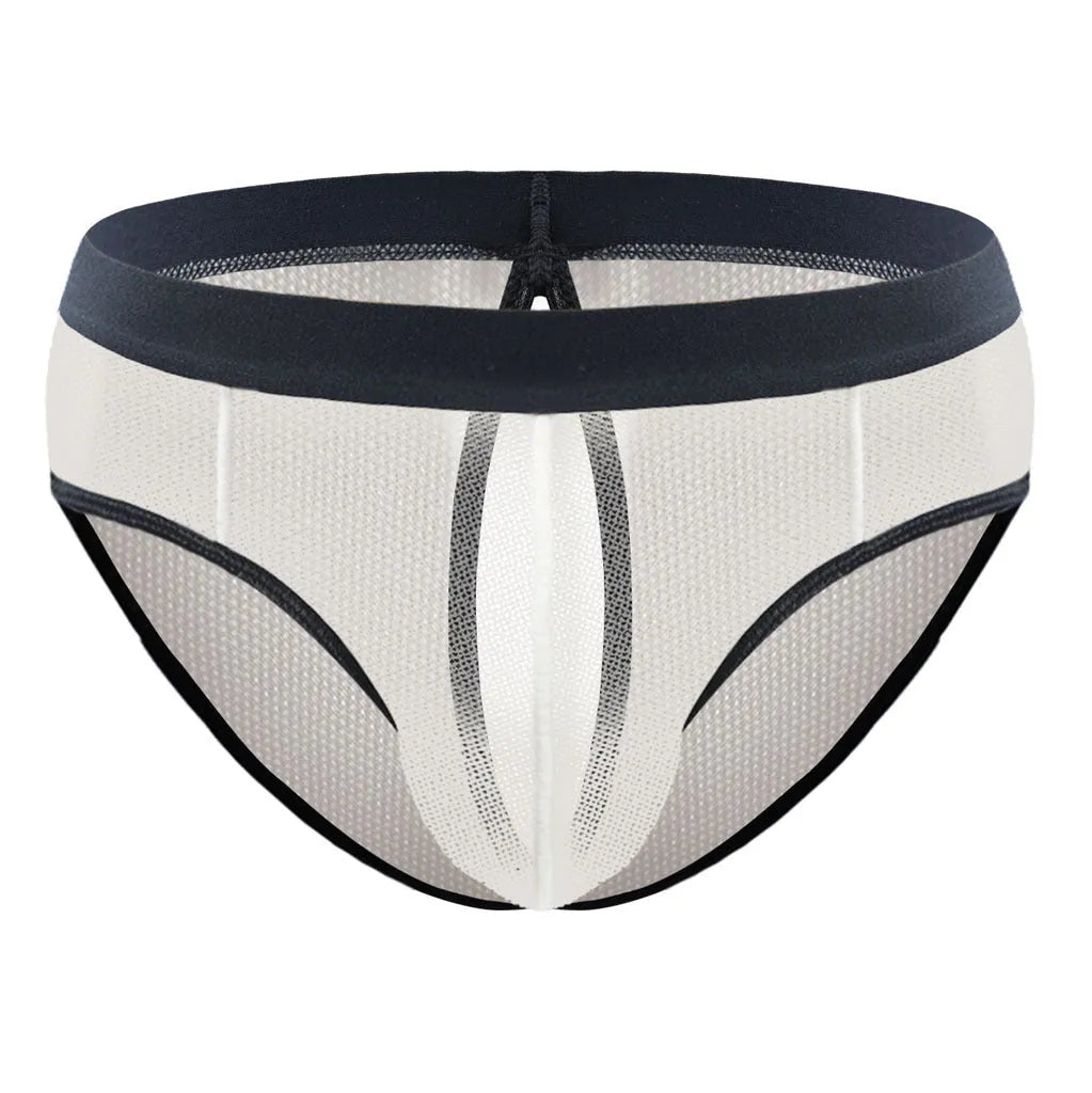 Men's mesh back rubber band triangle shorts in black nylon, front view showing elastic waist and triangle cut
