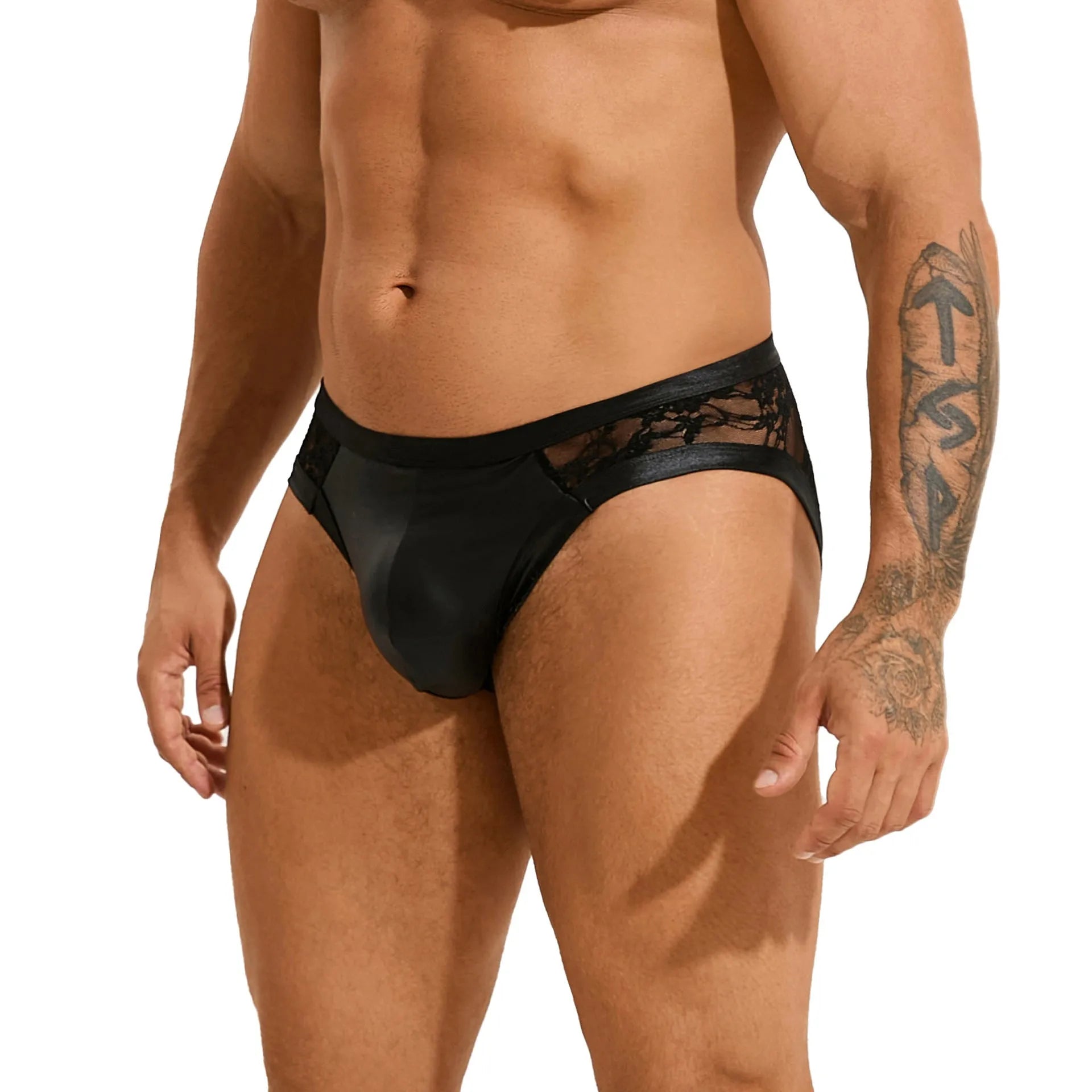 Black men's briefs with faux leather stitching and lace detail on polyester fabric.
