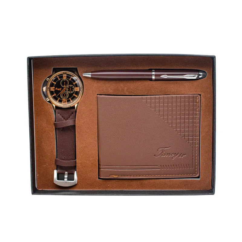 Creative holiday gift set containing wallet, pen and watch in gift box, available in black or brown