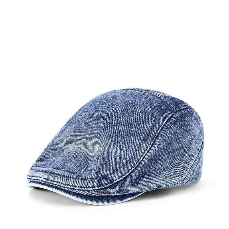 Men's forward baseball cap style hat with flat top crown design in denim blue cotton fabric