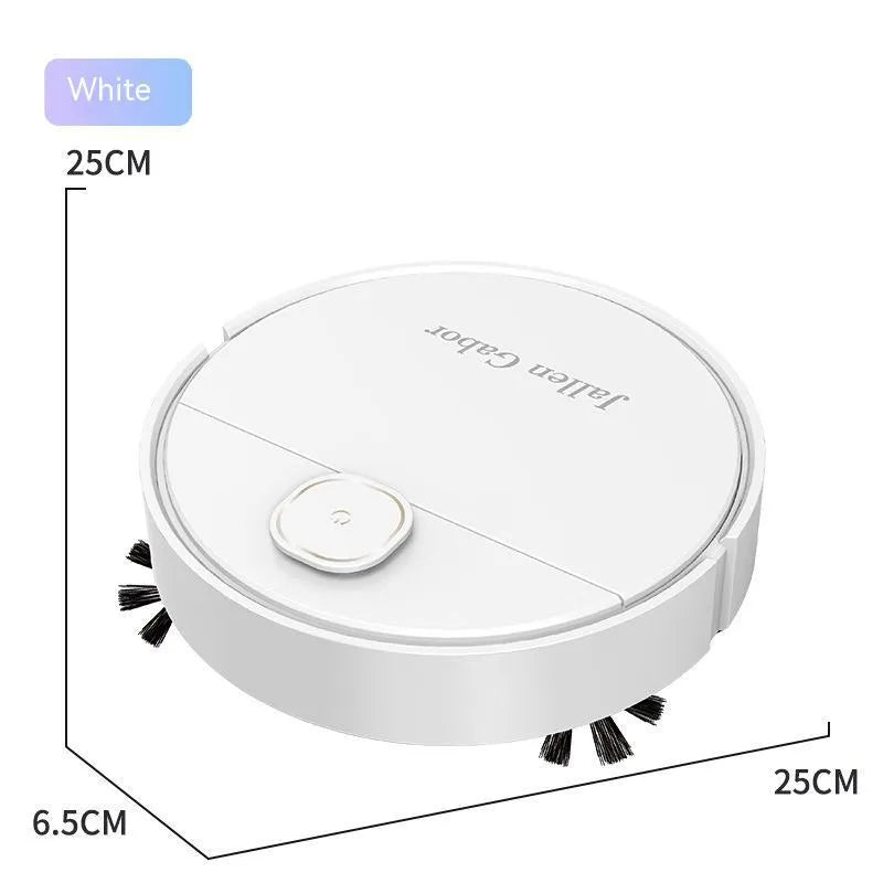 Intelligent automatic sweeping robot vacuum cleaner in white, 25x25x6.5cm, with USB charging port visible