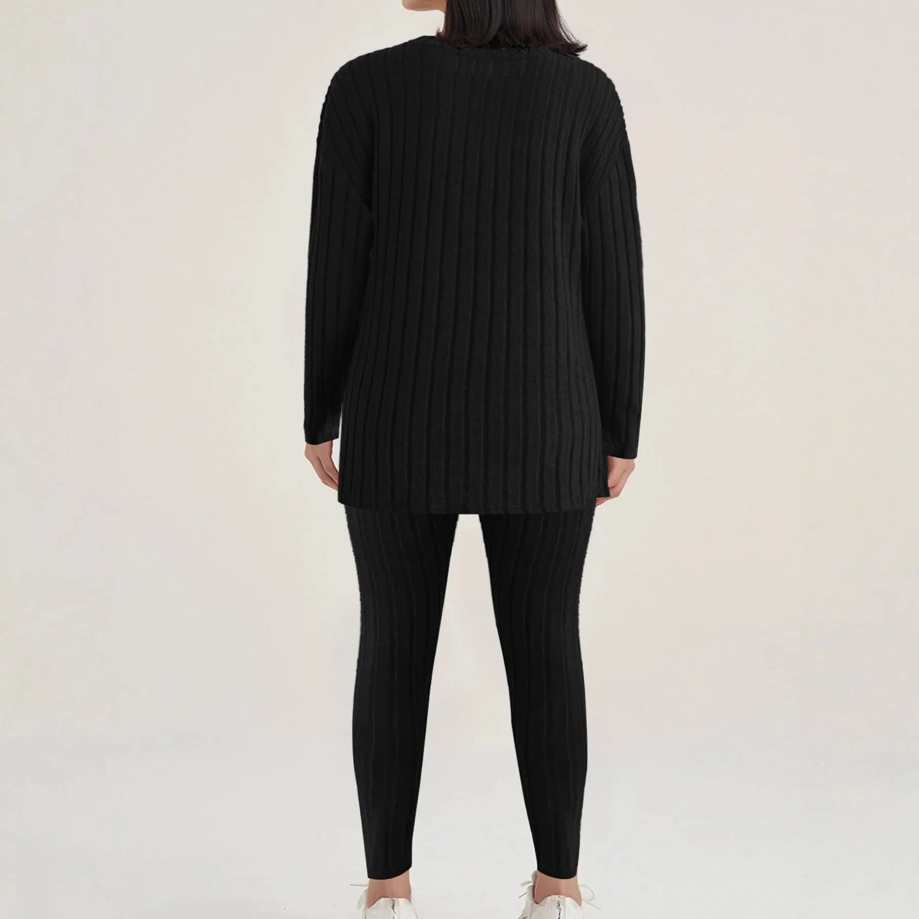 Black and blue sunken stripe pattern two-piece polyester homewear set for casual exercise.