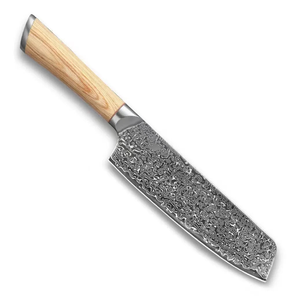 12-piece Damascus steel kitchen knife set with various blade types on a wooden block.