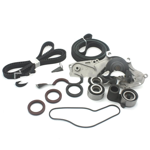Metal belt and water pump automotive components assembly kit measuring 28x18x16cm