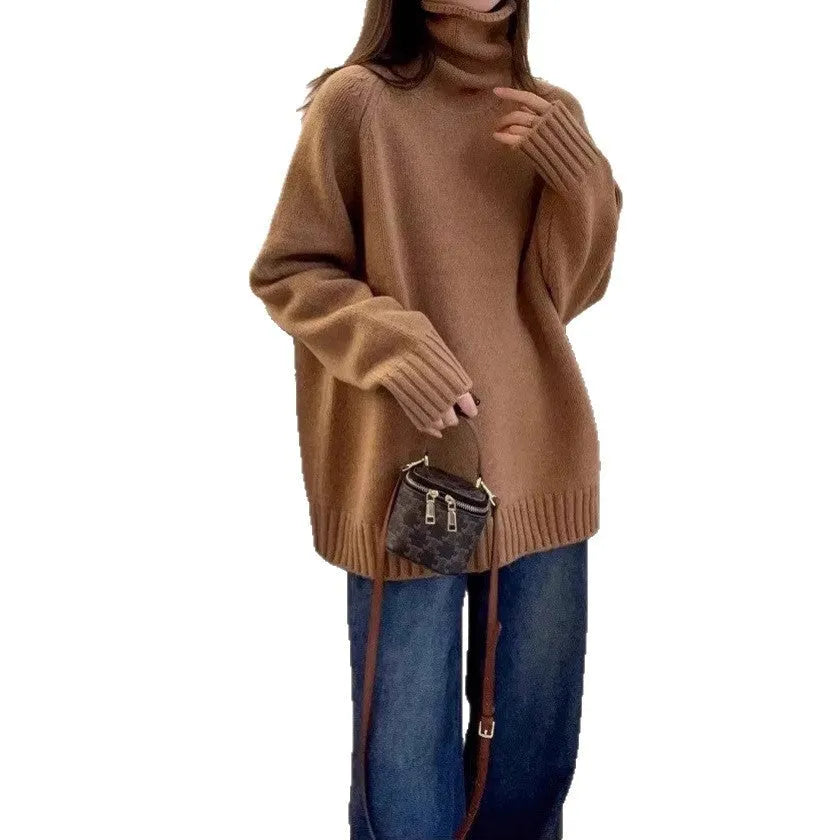 Women's loose fit turtleneck sweater with curling pile collar in thick polyester fabric