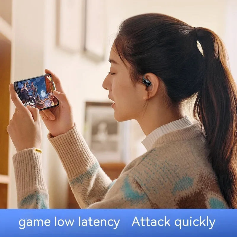 Dual ear-mounted Bluetooth headset with noise reduction and bone conduction, white colour, showing digital display screen and ear hook design