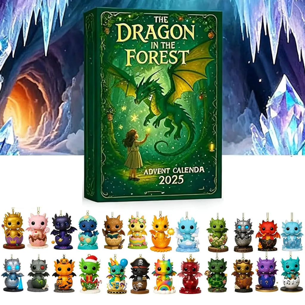 Forest Dragon advent calendar 26x18cm with printed acrylic pendants hanging on a wall