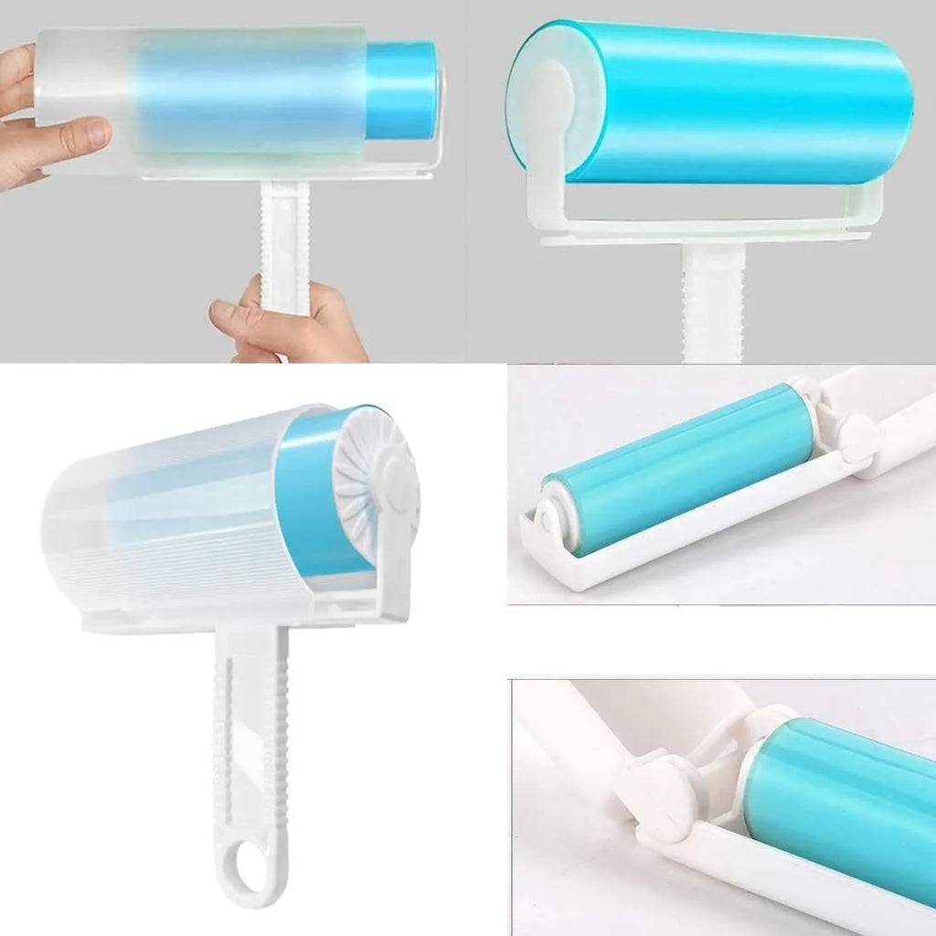 Washable reusable lint roller for pet hair removal in blue, green, pink, or yellow with protective cover
