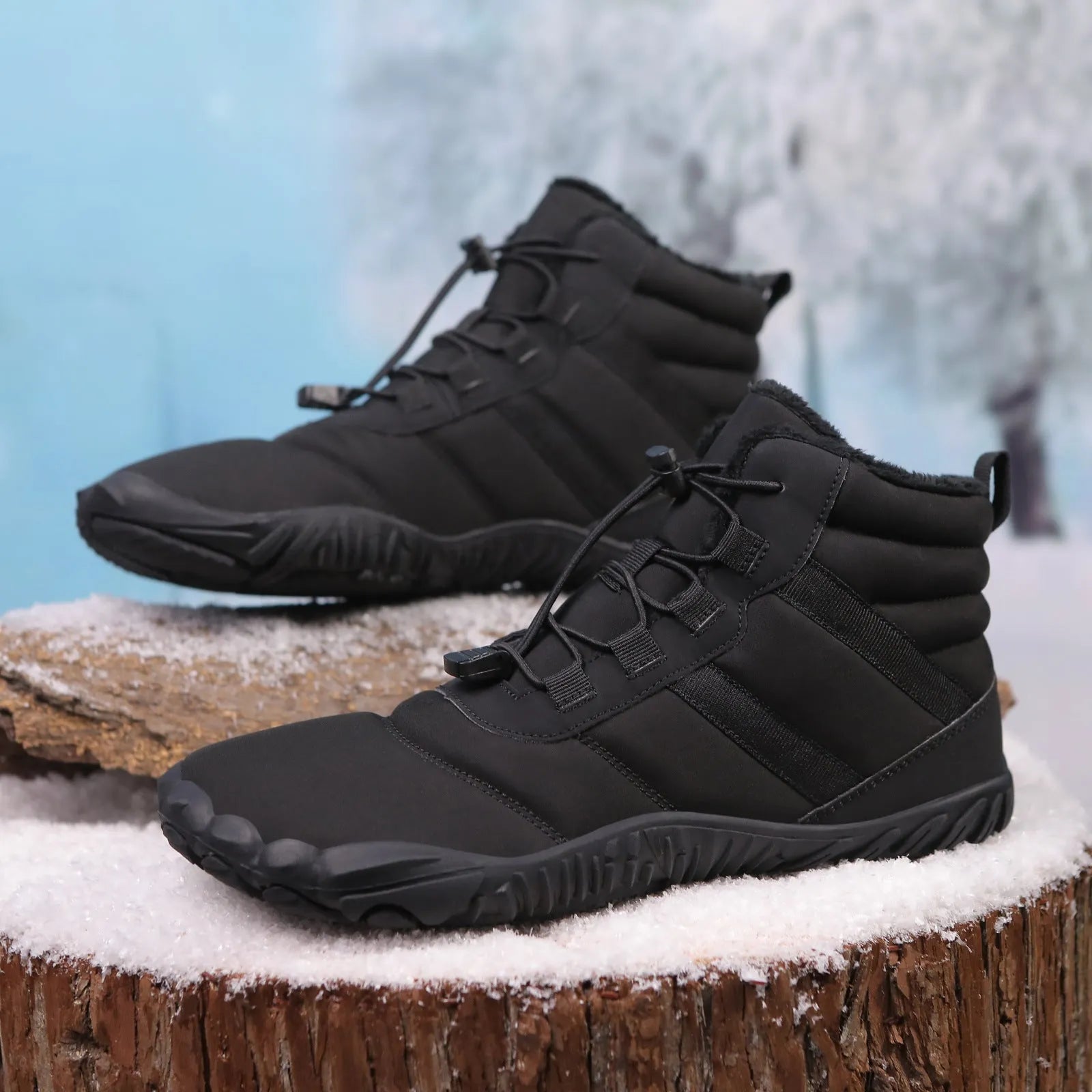 Five-finger waterproof hiking snow boots with fleece lining and rubber outsole in beige, grey, black, or wine red.
