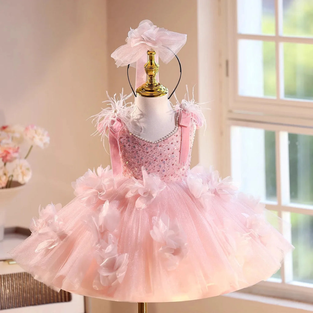 Pink polyester princess dress for girls, fits height 80-150cm, piano recital wear