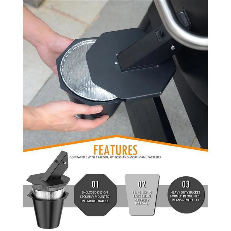 Black grease catcher with lid for barbecues, includes disposable tin foil buckets.