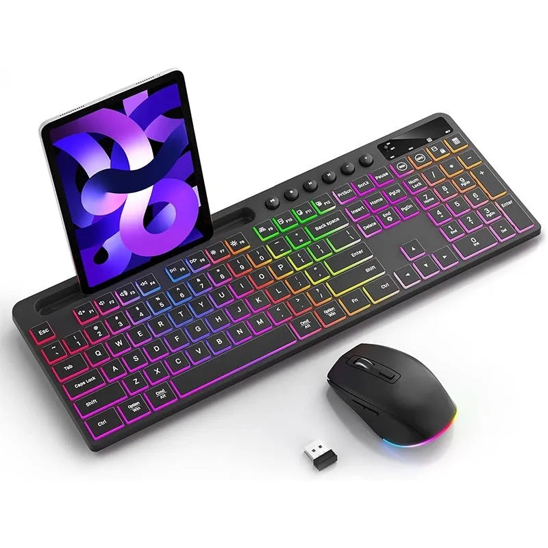 Black wireless keyboard and mouse set with card slot and luminous design elements