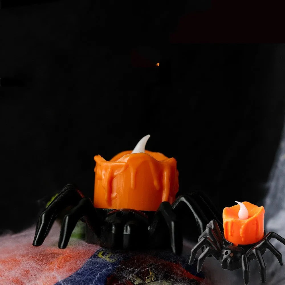 Plastic Halloween spider candlestick ornament measuring 7x8.5x5cm with battery-powered light