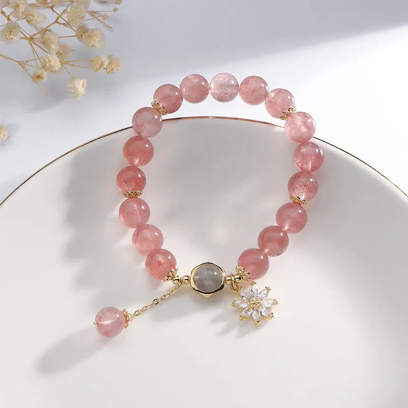 Strawberry quartz crystal bracelet with electroplated floral details in Mori Korean style.