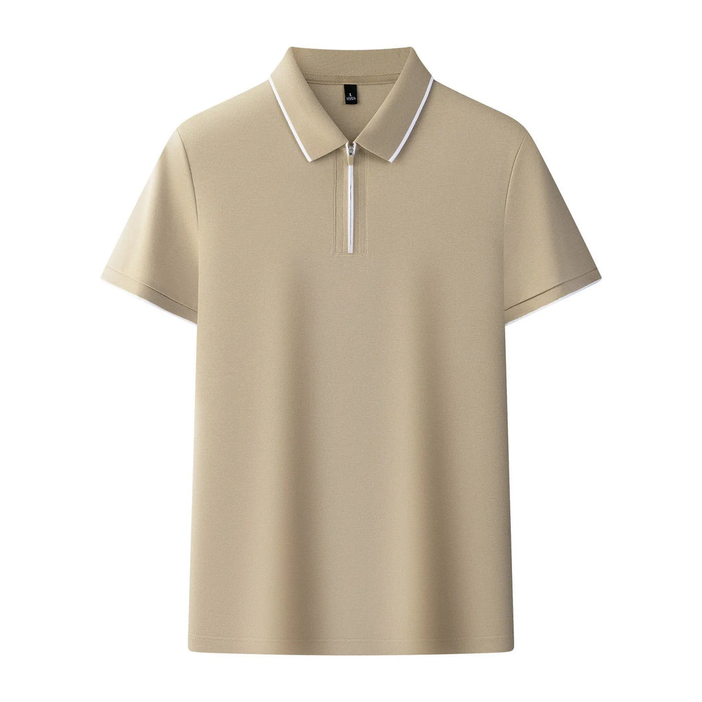 Men's solid colour polo shirt with a zipper front closure, shown in beige apricot.