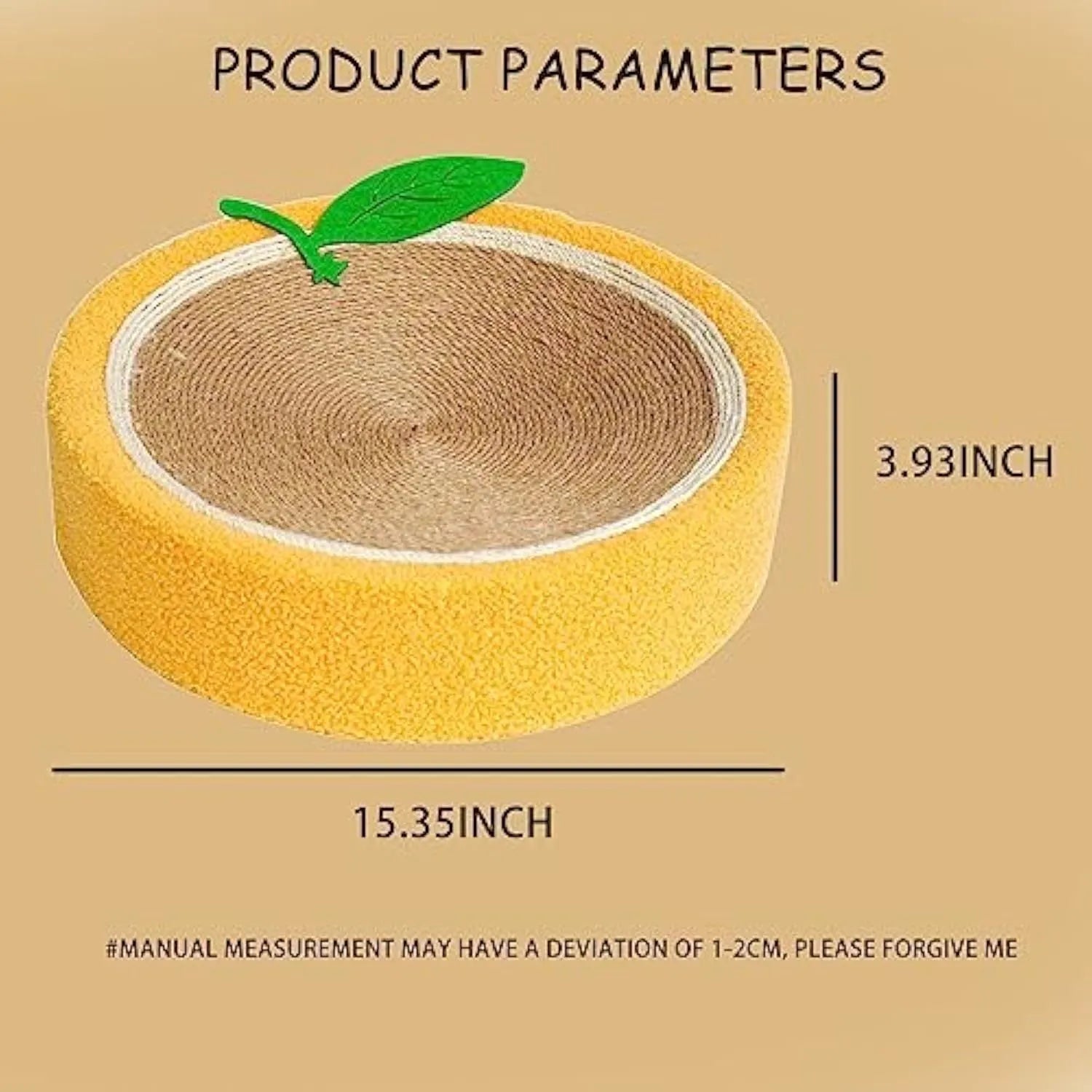 Orange circular cat scratching board with sisal surface and slightly concave centre for sleeping