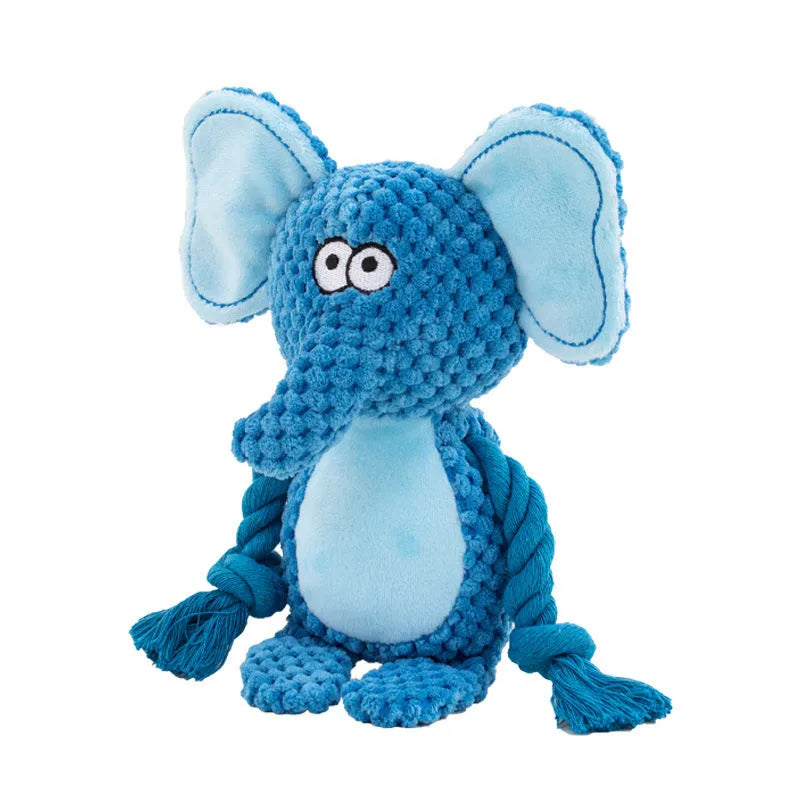 Hippo-shaped plush dog toy with cotton rope sections for tug-of-war games