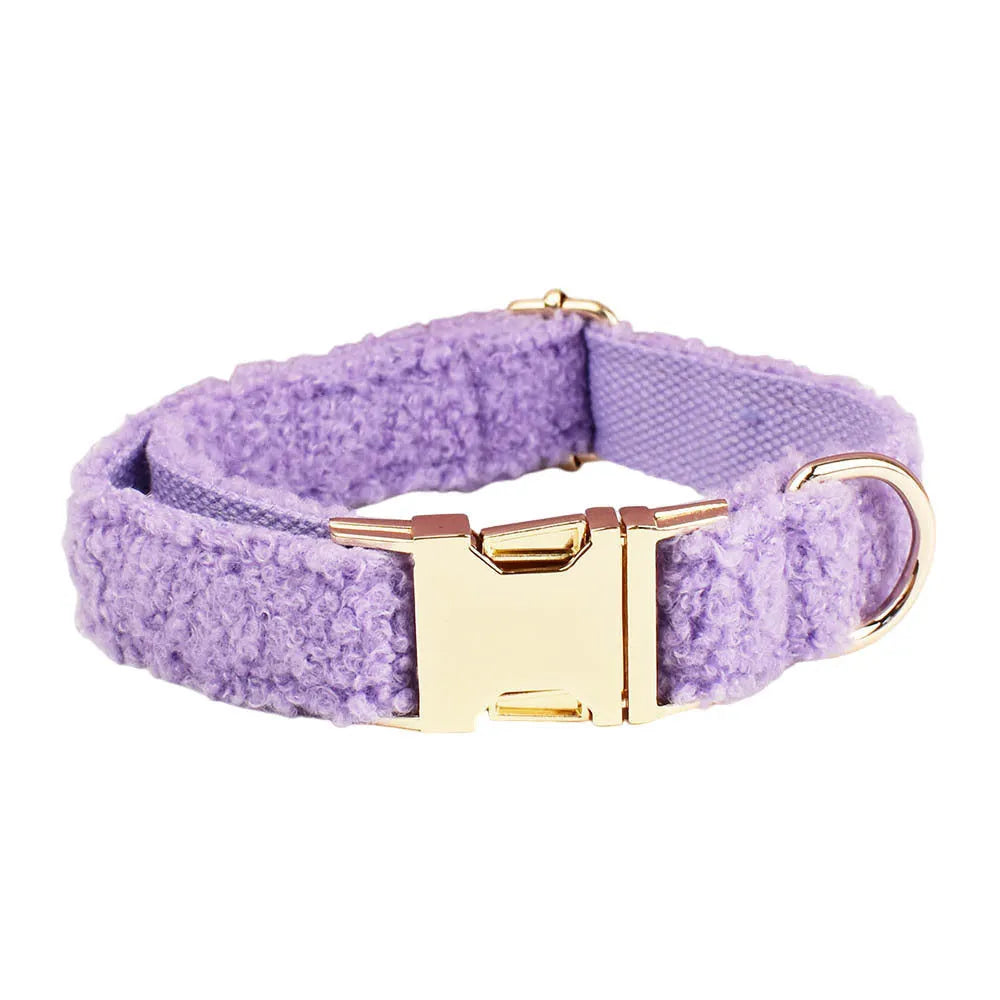 Purple cloth dog collar, leash, bow, and vest set for small dogs
