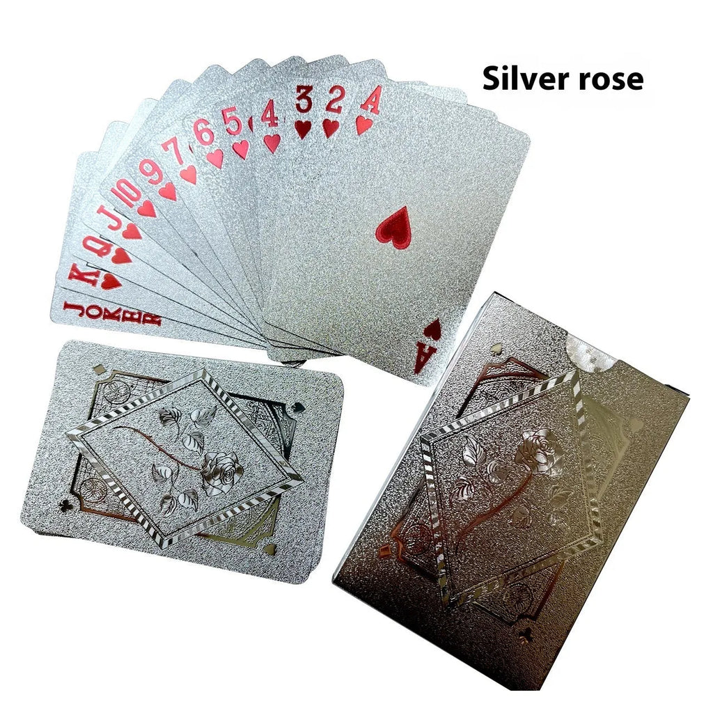 Gold foil playing cards with black rose design, 57x87mm size, metallic finish