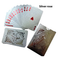 Gold foil playing cards with black rose design, 57x87mm size, metallic finish